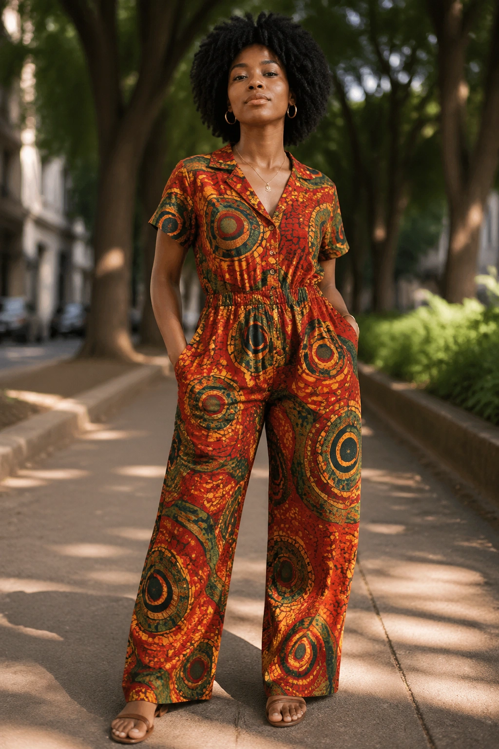 Full-body portrait of a person in a warm-colored wax print jumpsuit outdoors.