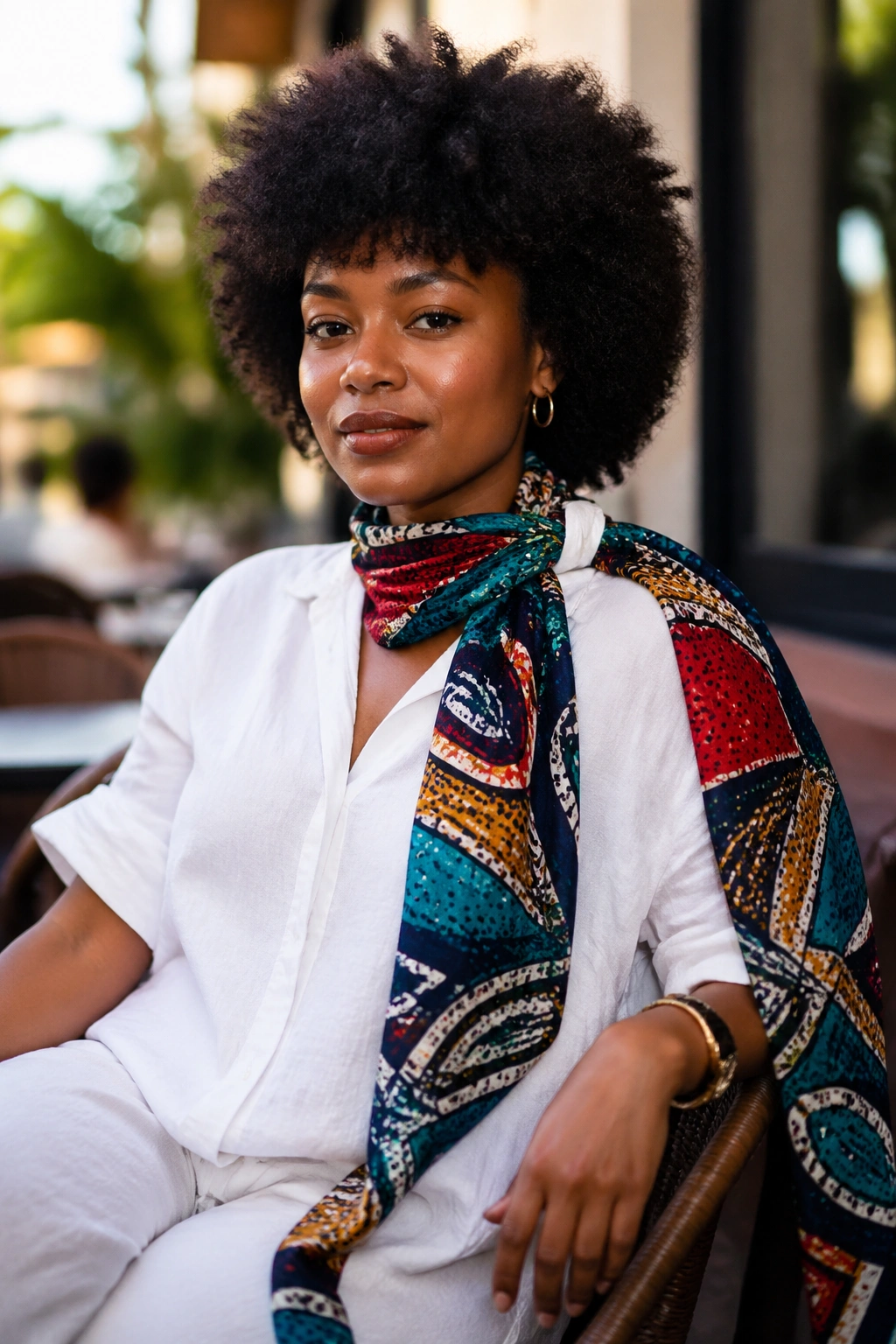 Portrait of a person wearing a bold wax print scarf draped over a white linen outfit outdoors