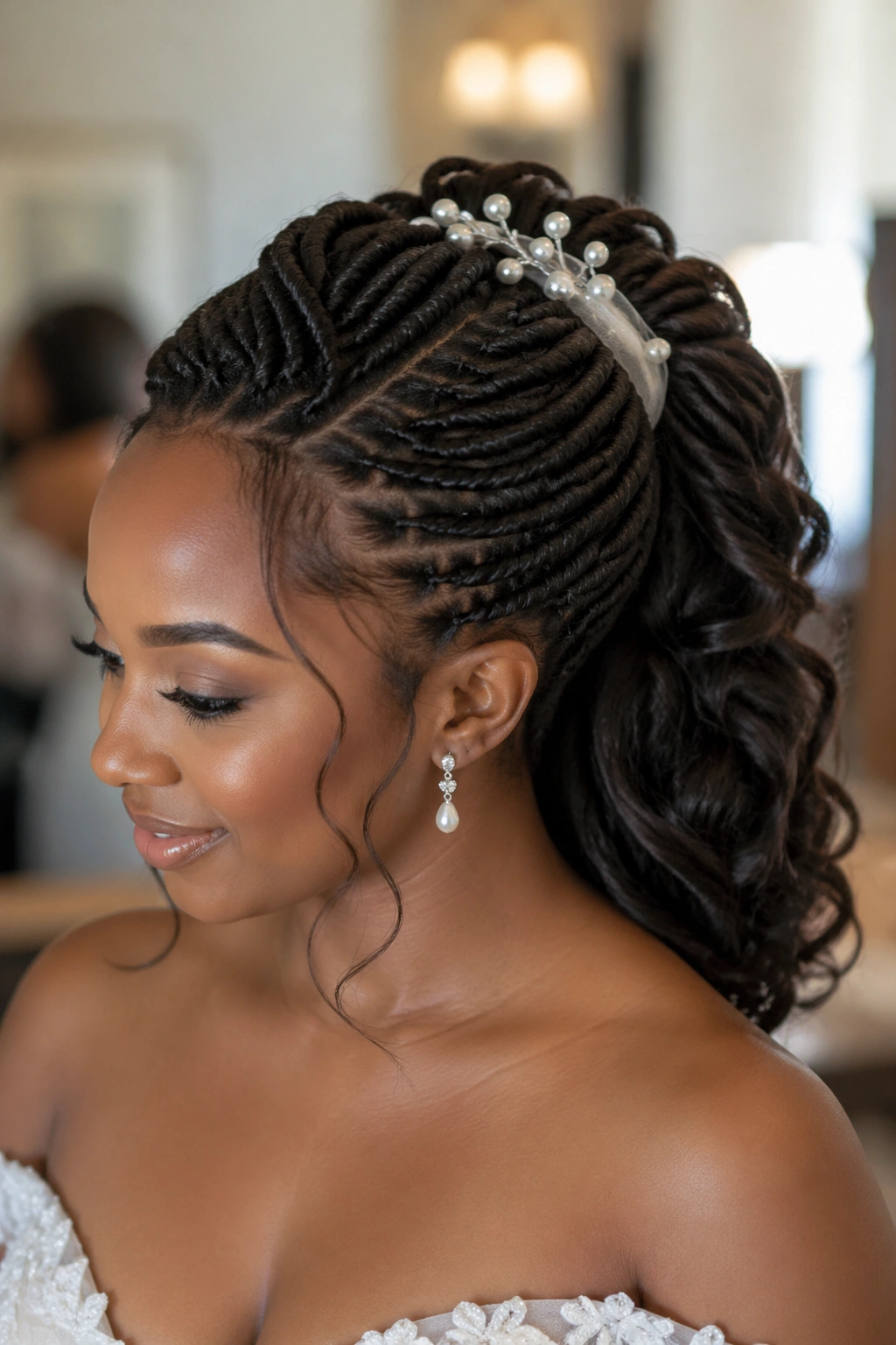 Bride with a wedding twist ponytail featuring soft curls and pearl pins.