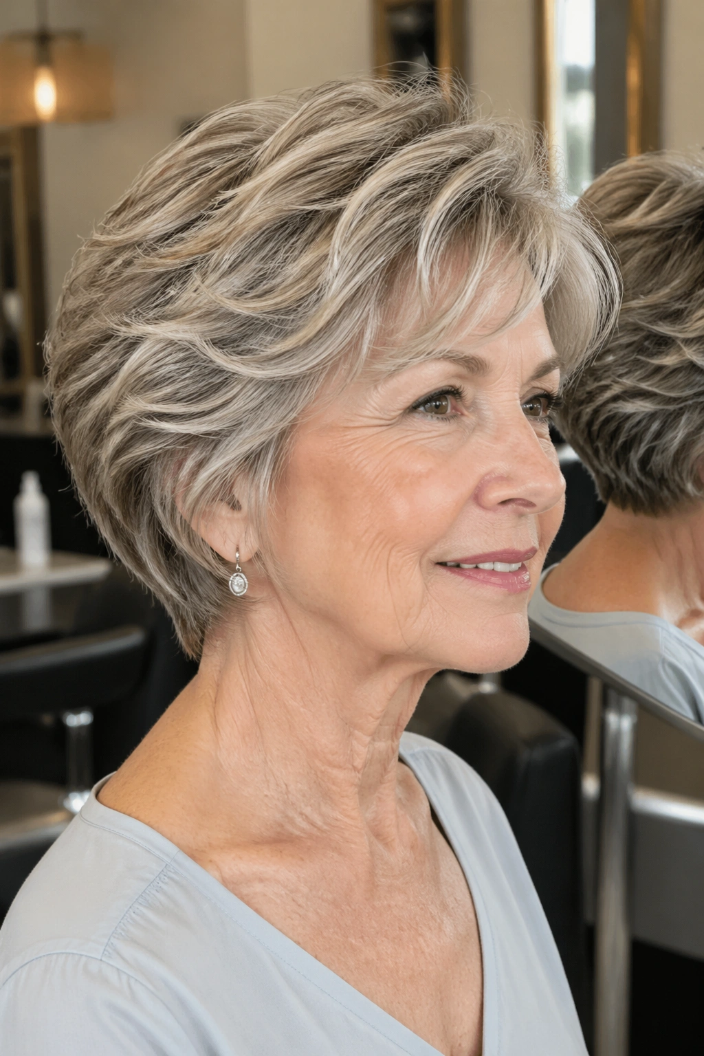 Close-up of a real woman showing a wedge cut with soft movement