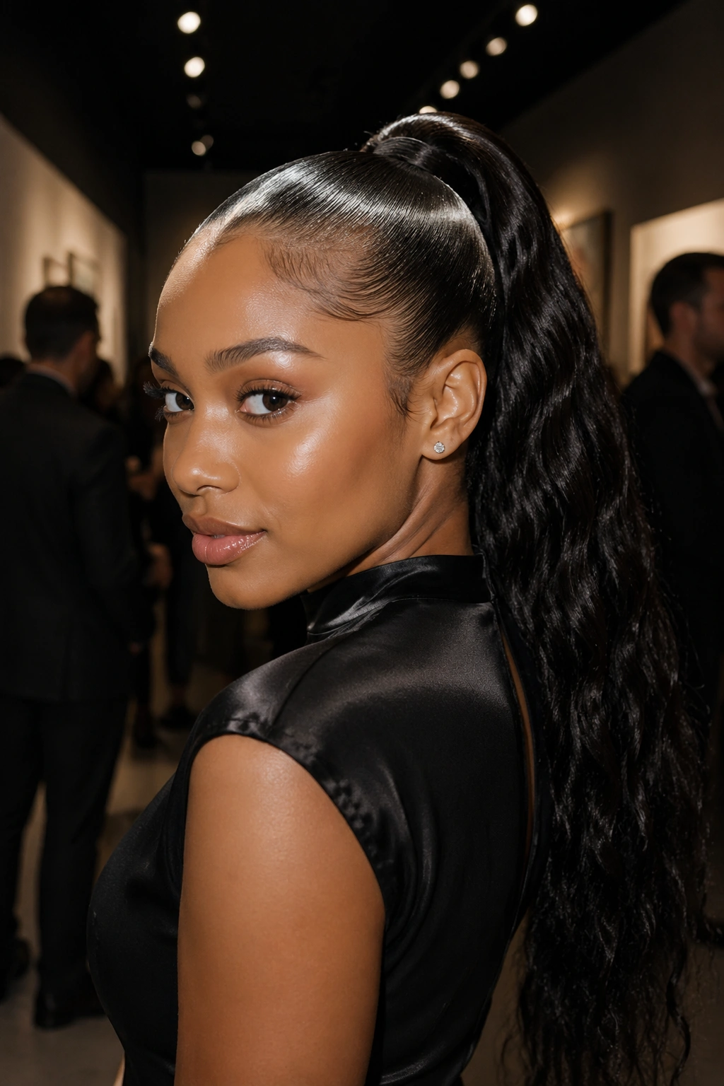 Close-up of a real woman with a glossy wet-look ponytail under gallery lighting