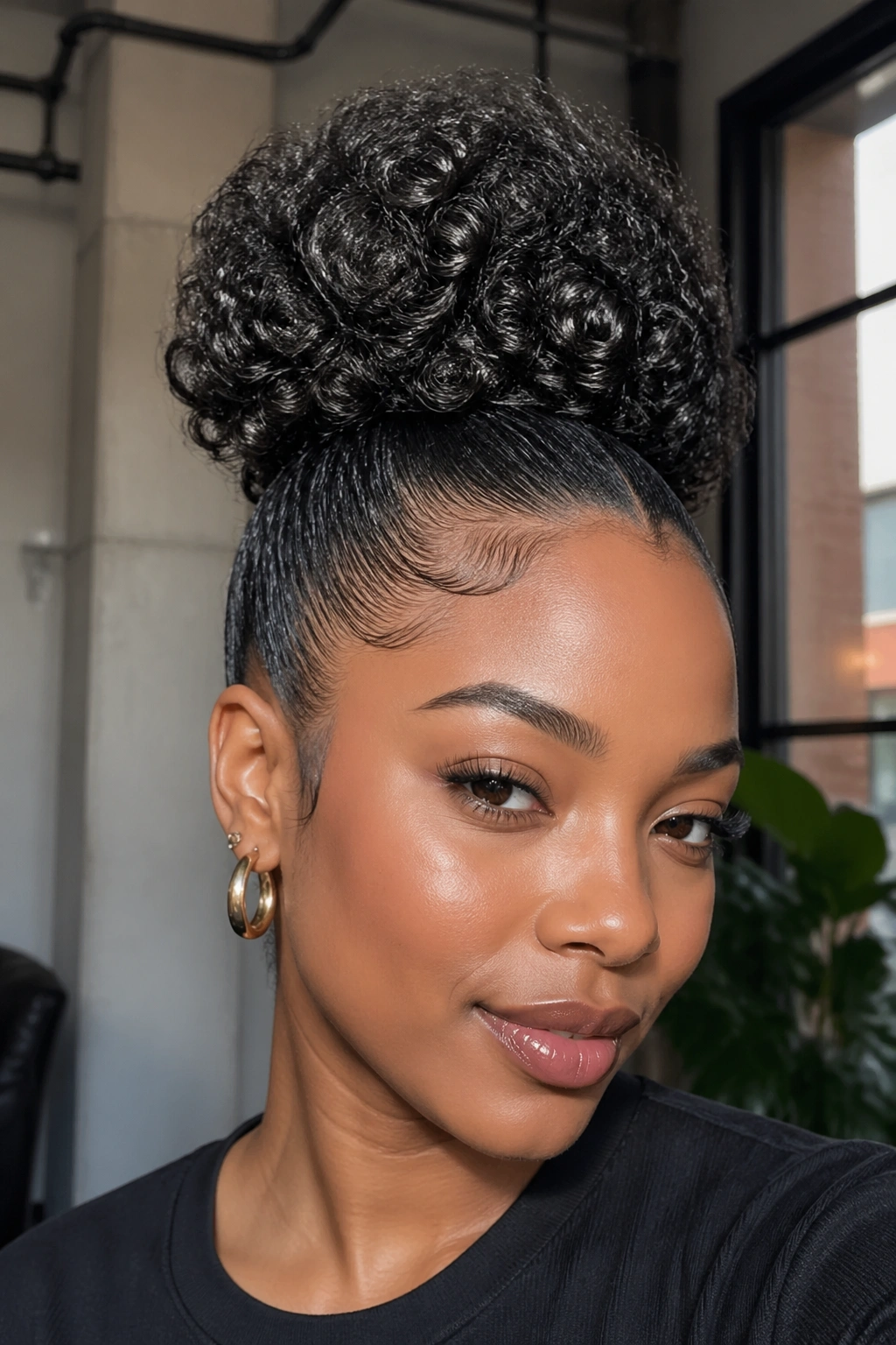 Close-up of a real woman with a glossy wet-look puff