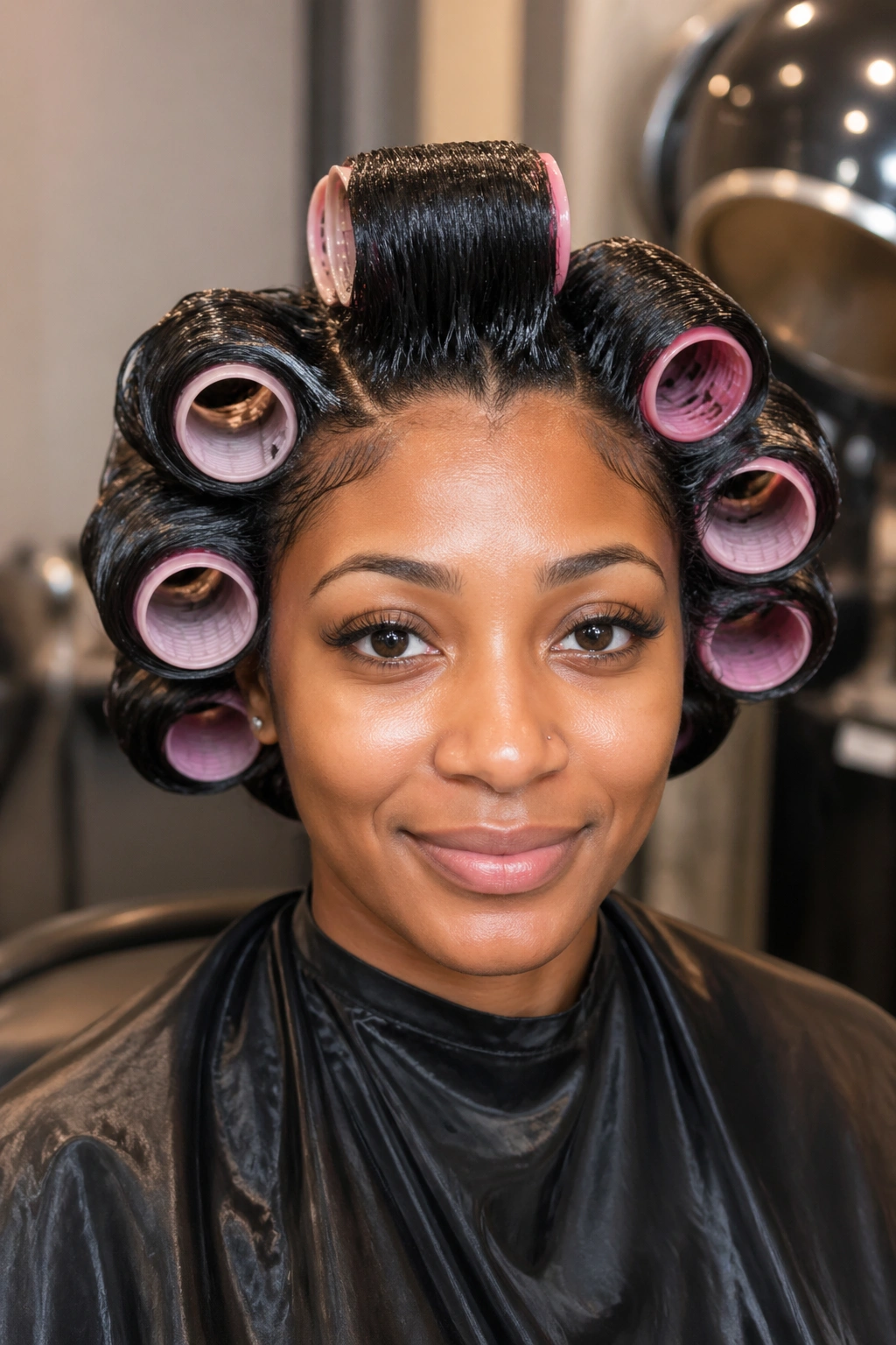 Real person with damp hair and large rollers for wet set waves