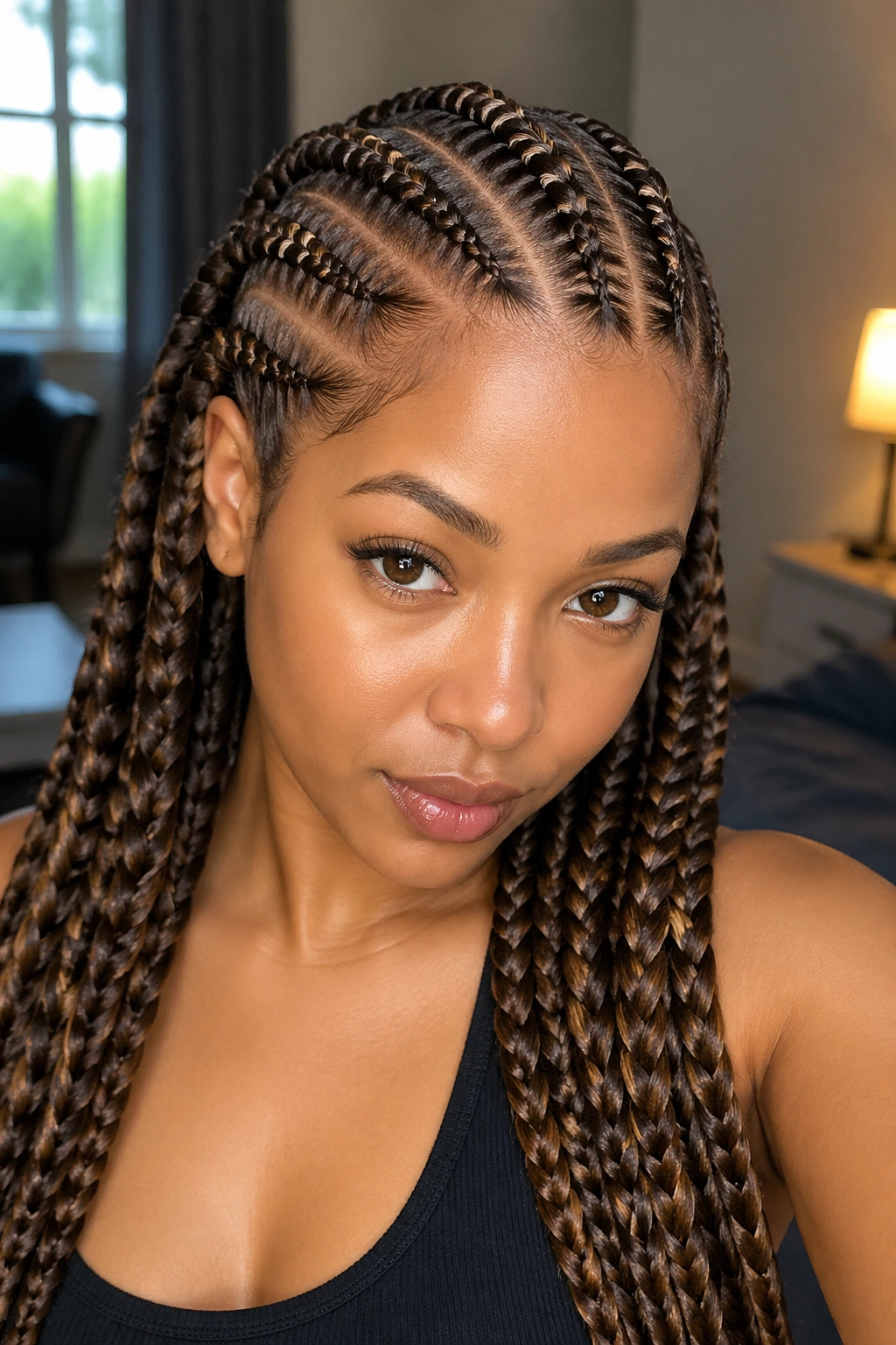 Close-up of a real woman with wide-stitch brown cornrows and a deep side part in natural light