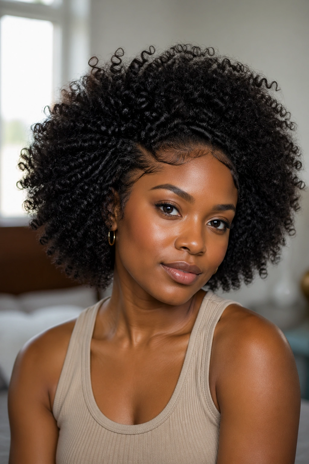 Close-up of real person wearing a natural-looking afro wig with realistic hairline