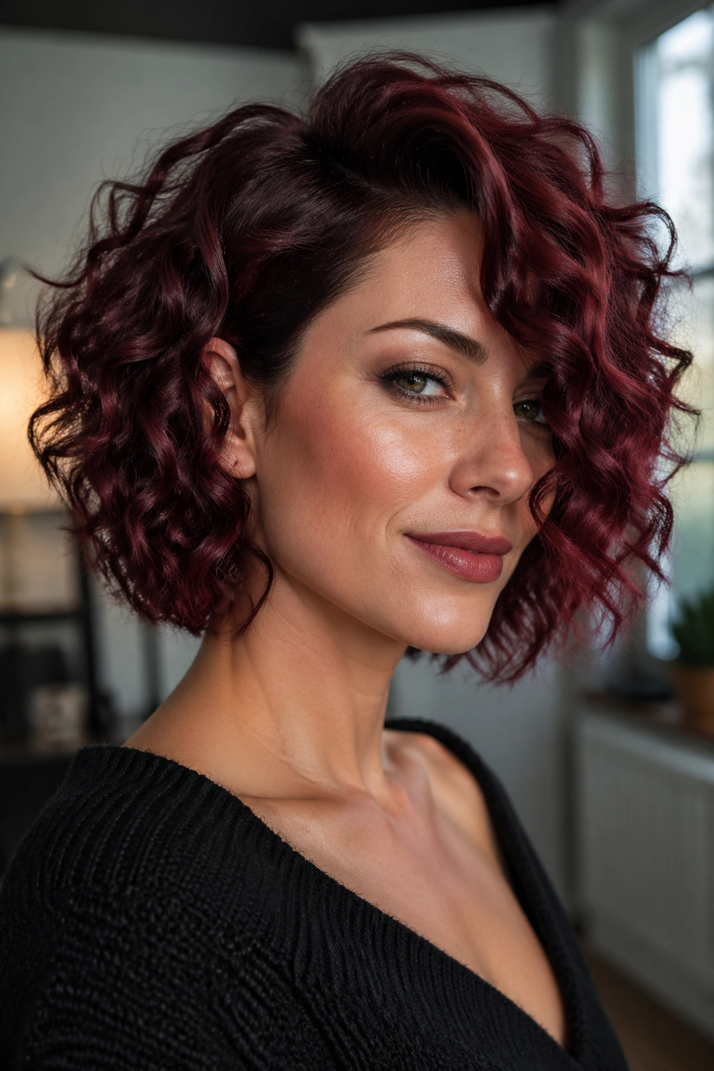 Close-up of a wine red curly bob with deep side sweep on a real woman