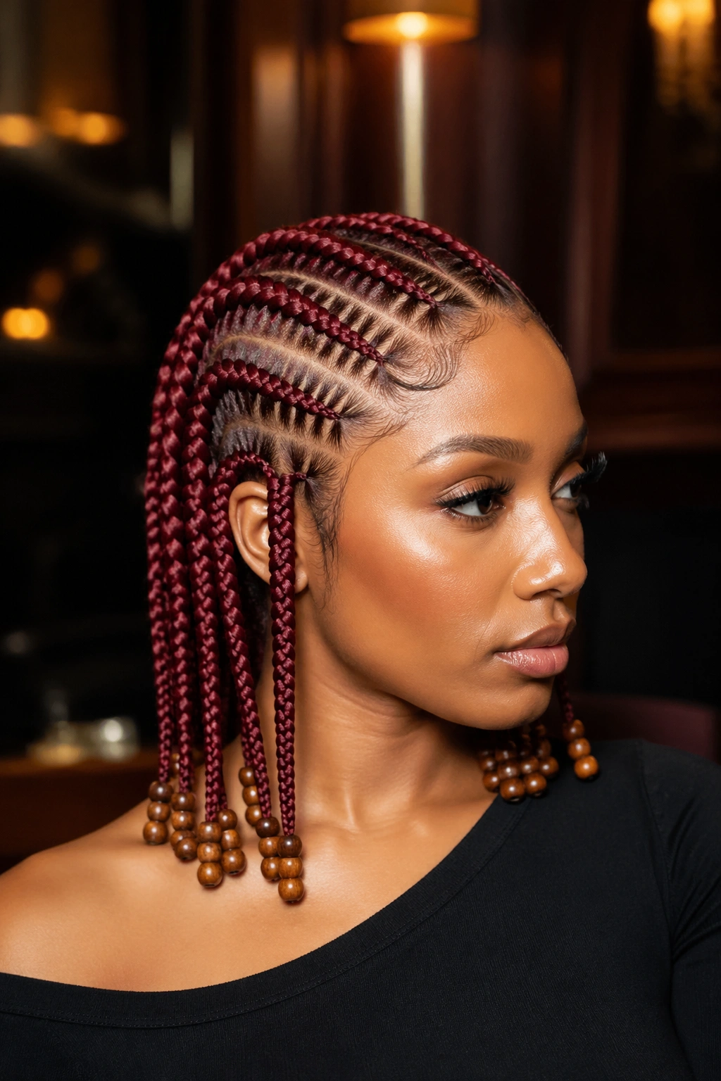 Close-up of a real person with wine-red stitch cornrows and wooden bead tips