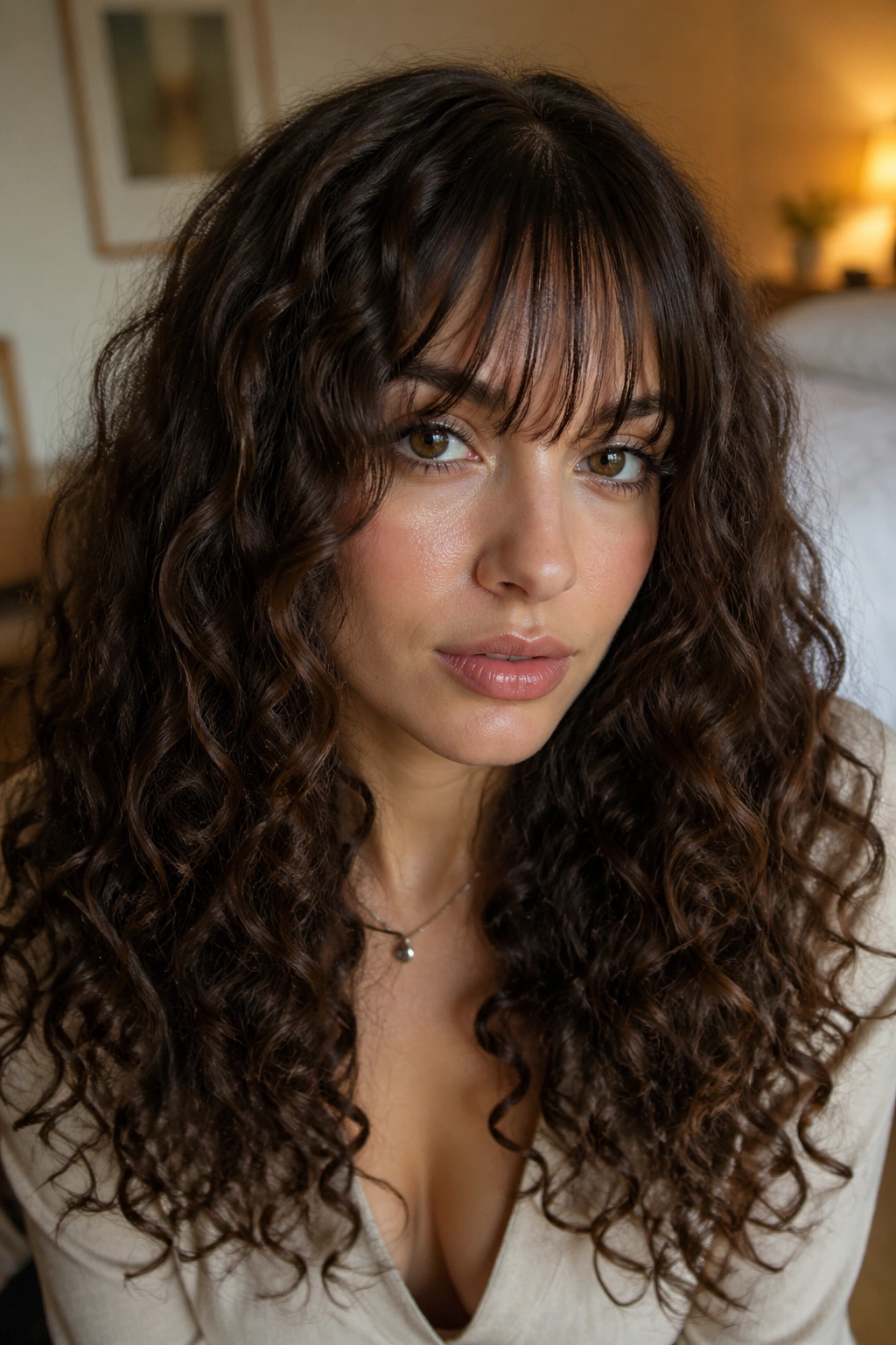 Close-up of a real woman with wispy bangs and defined ringlets, indoors