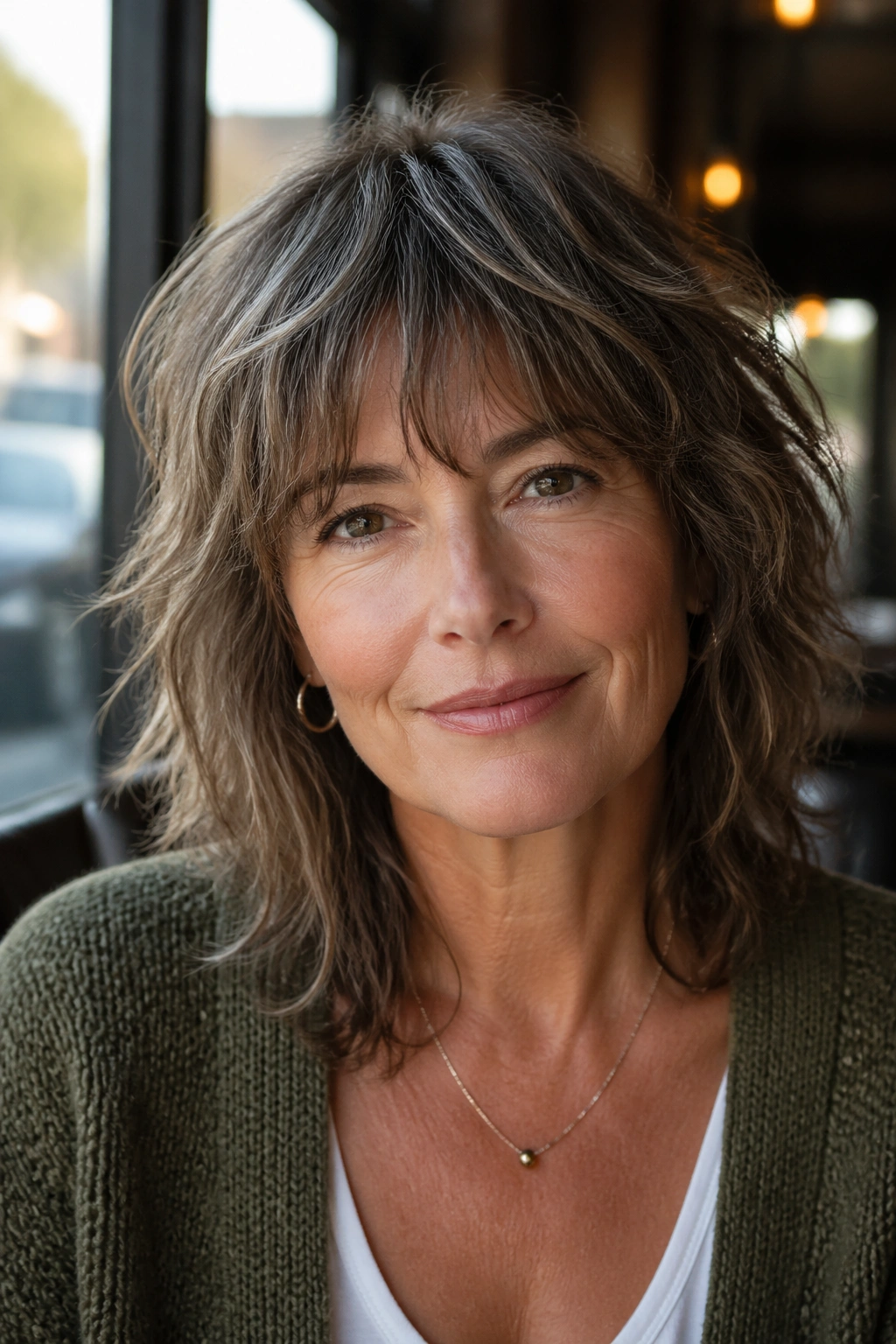Close-up of a real woman with wispy shag and soft fringe around the face.
