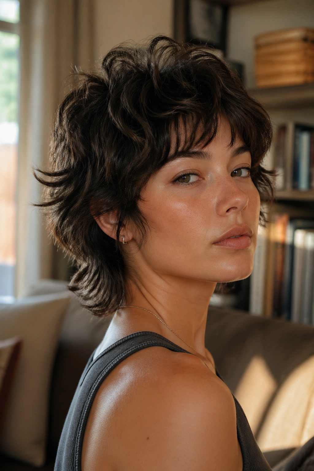 Close-up portrait of a real person with a Wolf Cut Short Shag hairstyle in natural window light