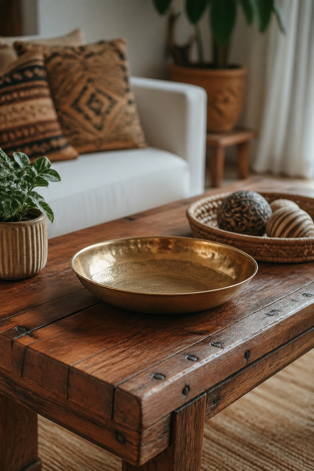 Wood coffee table with brass decor and plant in living room