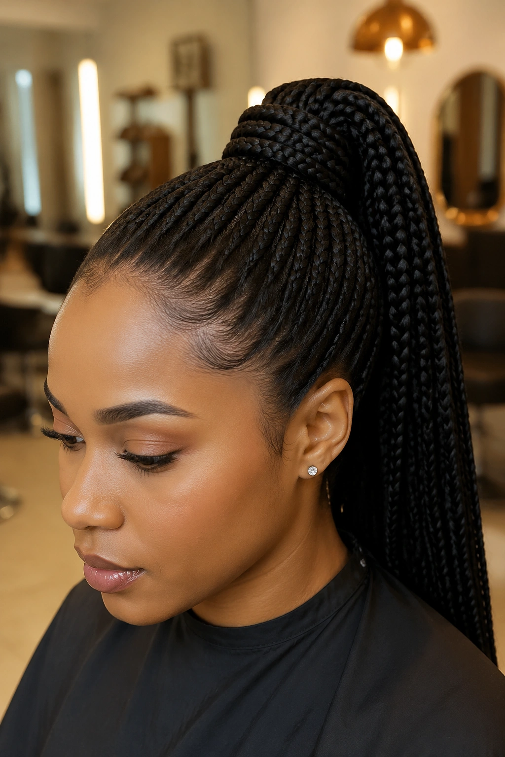 Woman with wrap-around base ponytail in a salon