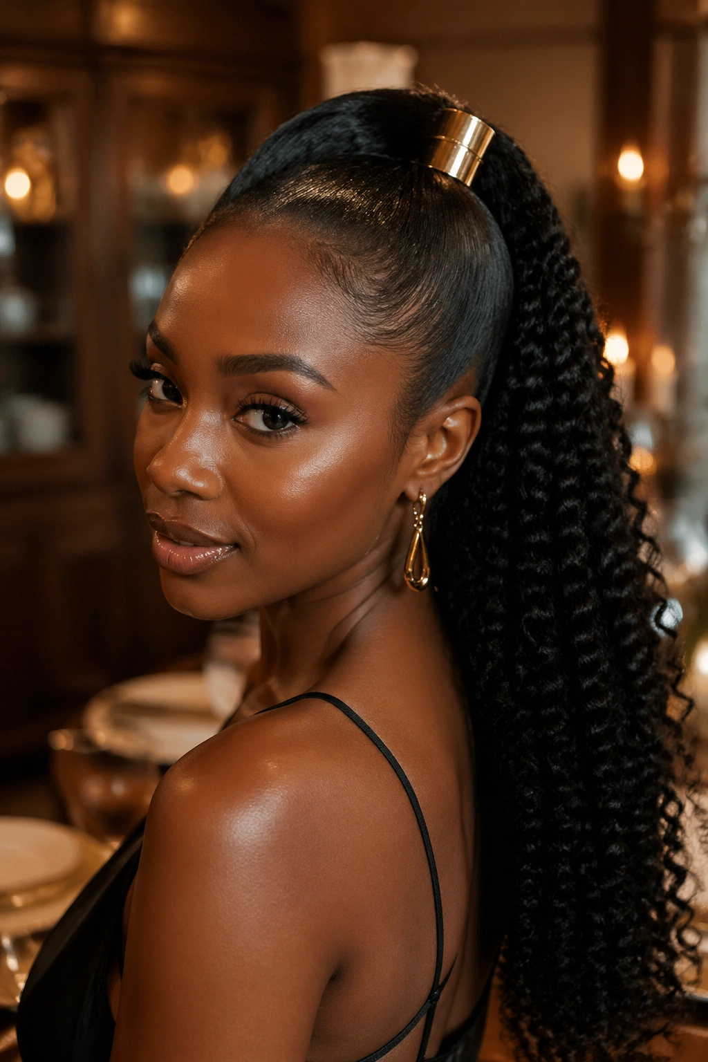 Close-up of a real Black woman with a wrap-around ponytail and gold cuff at the base