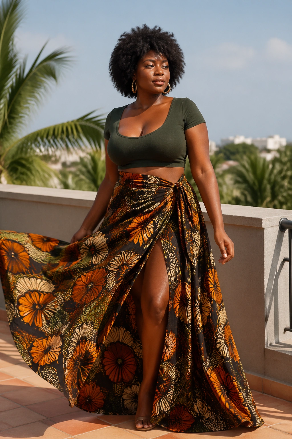 Woman wearing wax print maxi wrap skirt with a fitted crop top outdoors.