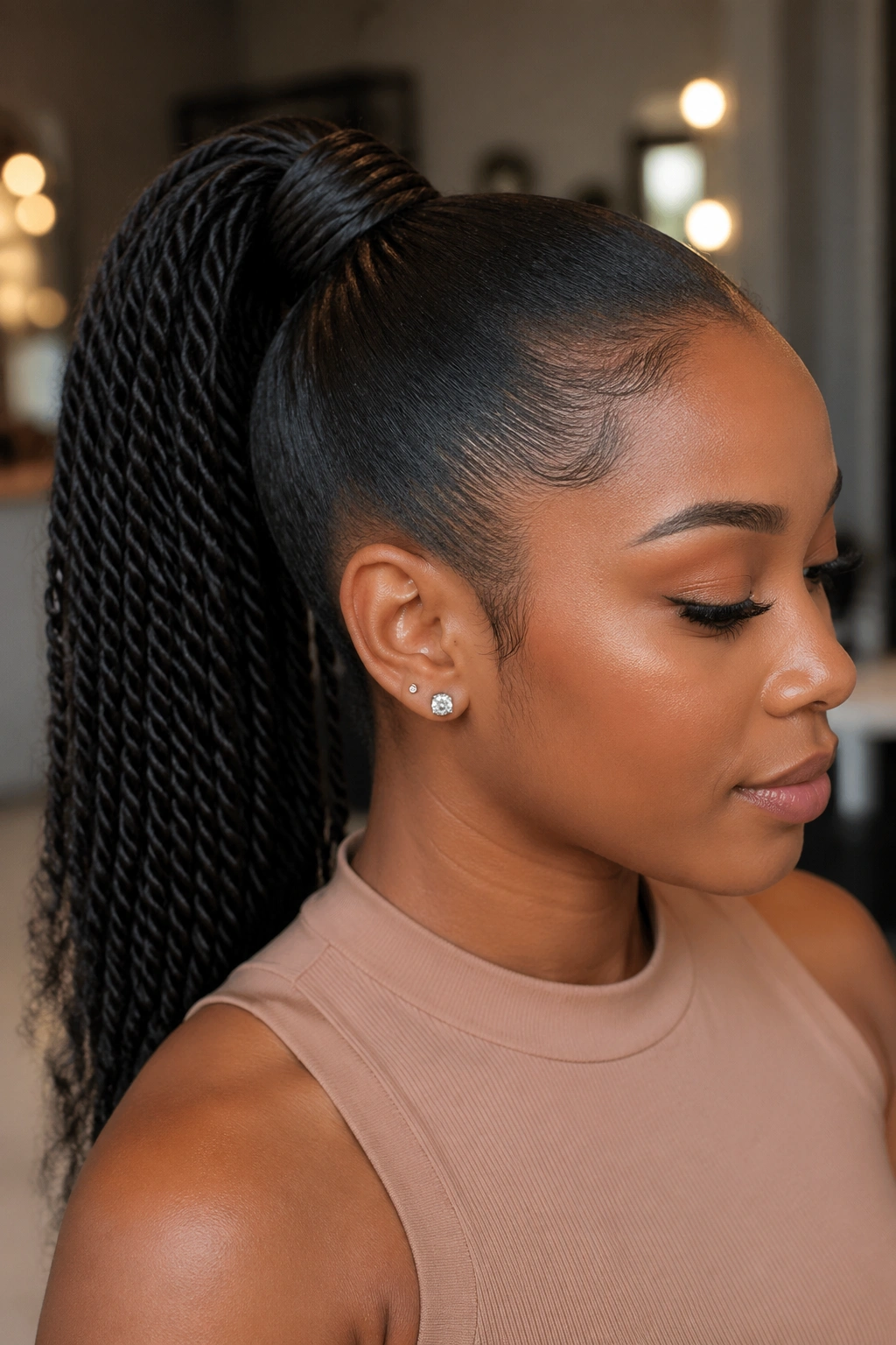 Close-up of a real woman's twist ponytail with a wrapped base knot