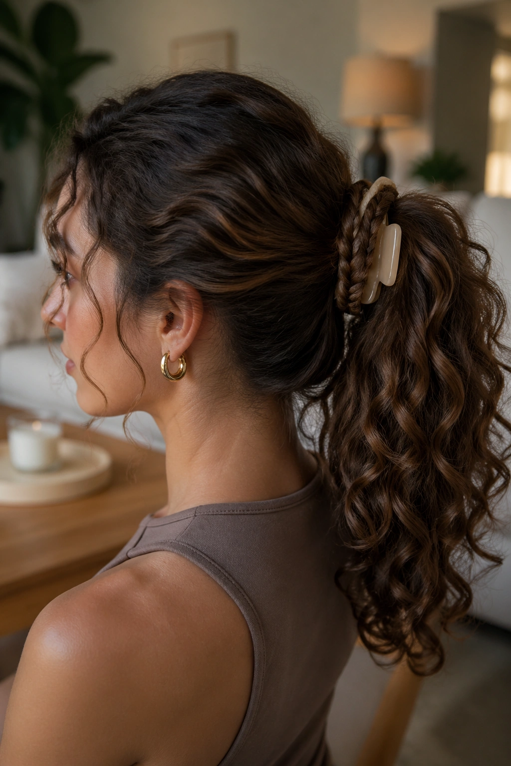 Real woman with wrapped-braid around ponytail base secured by a claw clip