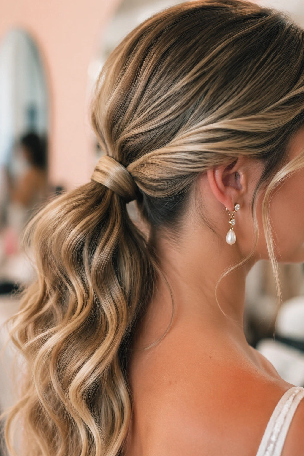 Close-up of a real bride showing a wrapped-elastic wavy ponytail at the base.