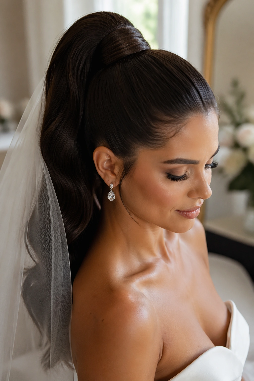 Close up of a real bride with Wrapped High Ponytail showing a high, wrapped base hairstyle
