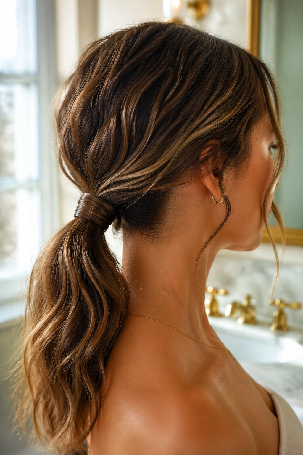 Close-up of a real woman's wrapped low ponytail with hair wrapped around the elastic