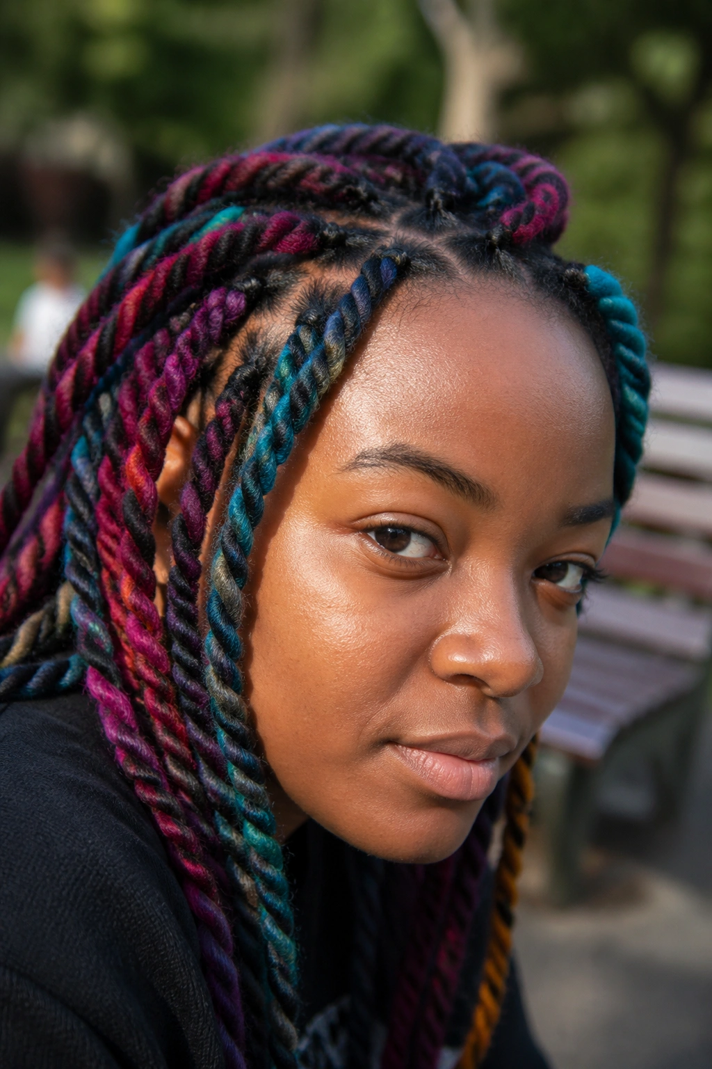 Close-up of a real person sporting chunky yarn braids in matte texture