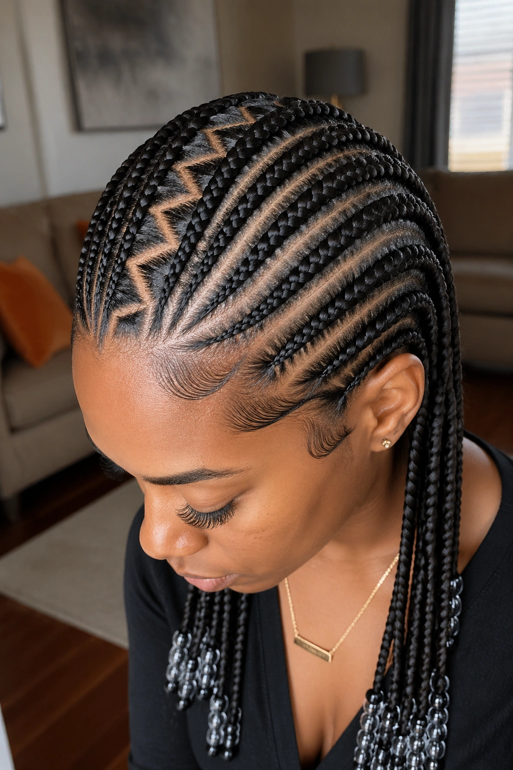 Close-up of a real Black woman's zigzag middle-part cornrows with bead-tipped ends.