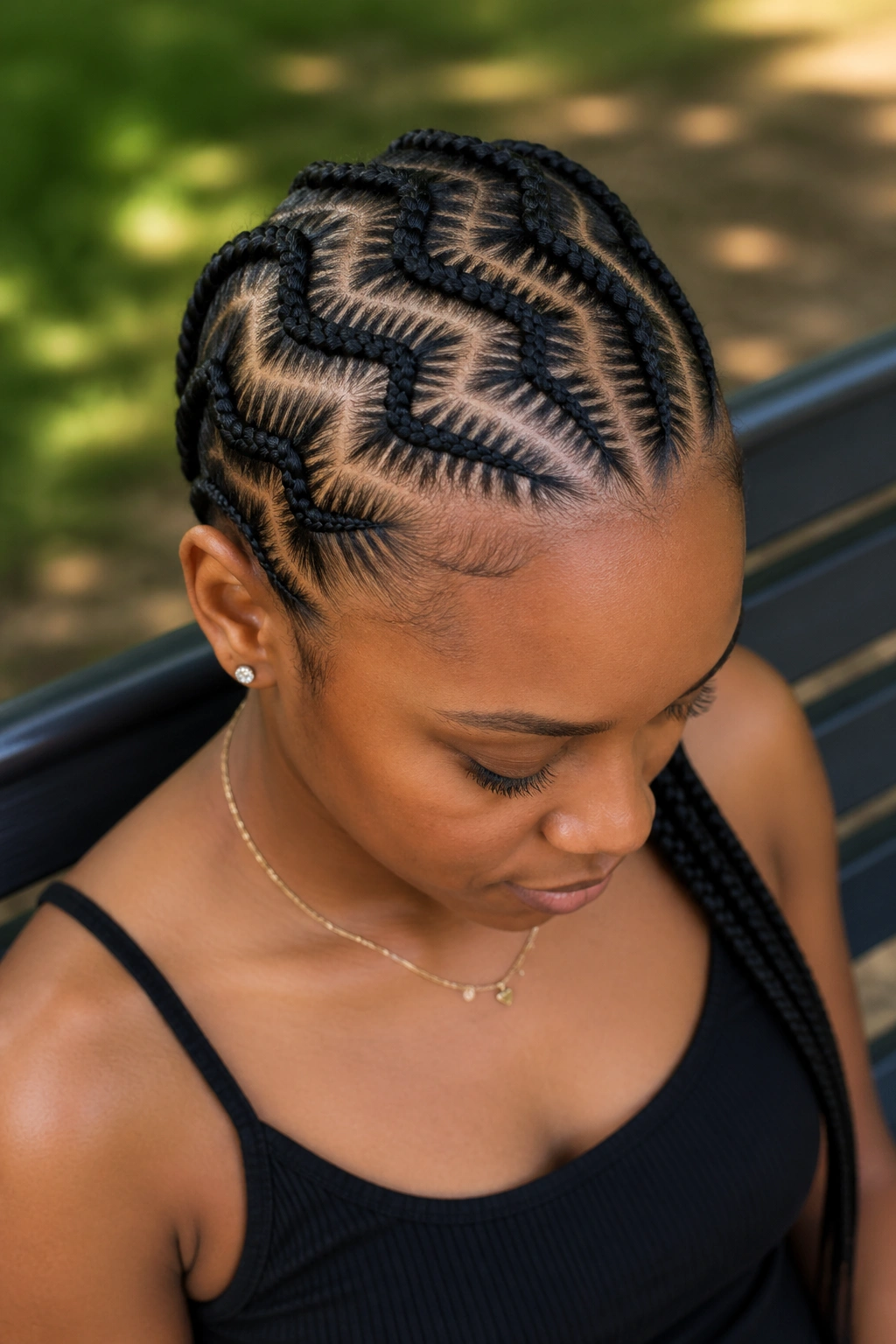 Close-up of a real woman's zigzag-part cornrows across the scalp