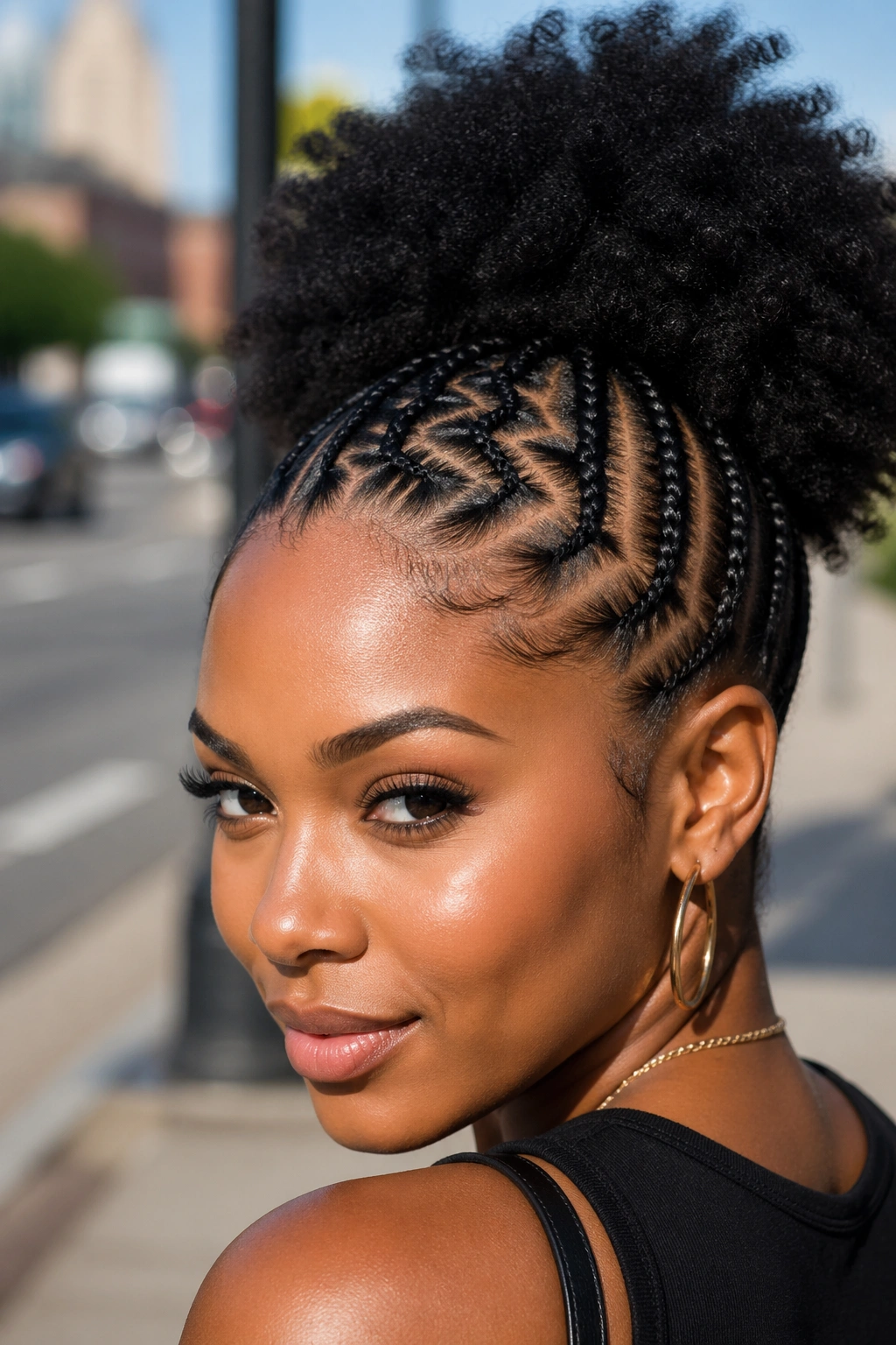 Close-up of zigzag cornrows leading to a puff ponytail