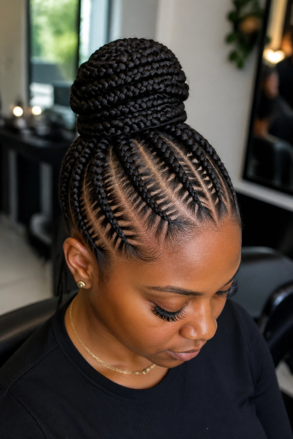 Zig-zag crown with stacked bun on a real woman's head, clear V-shaped parting
