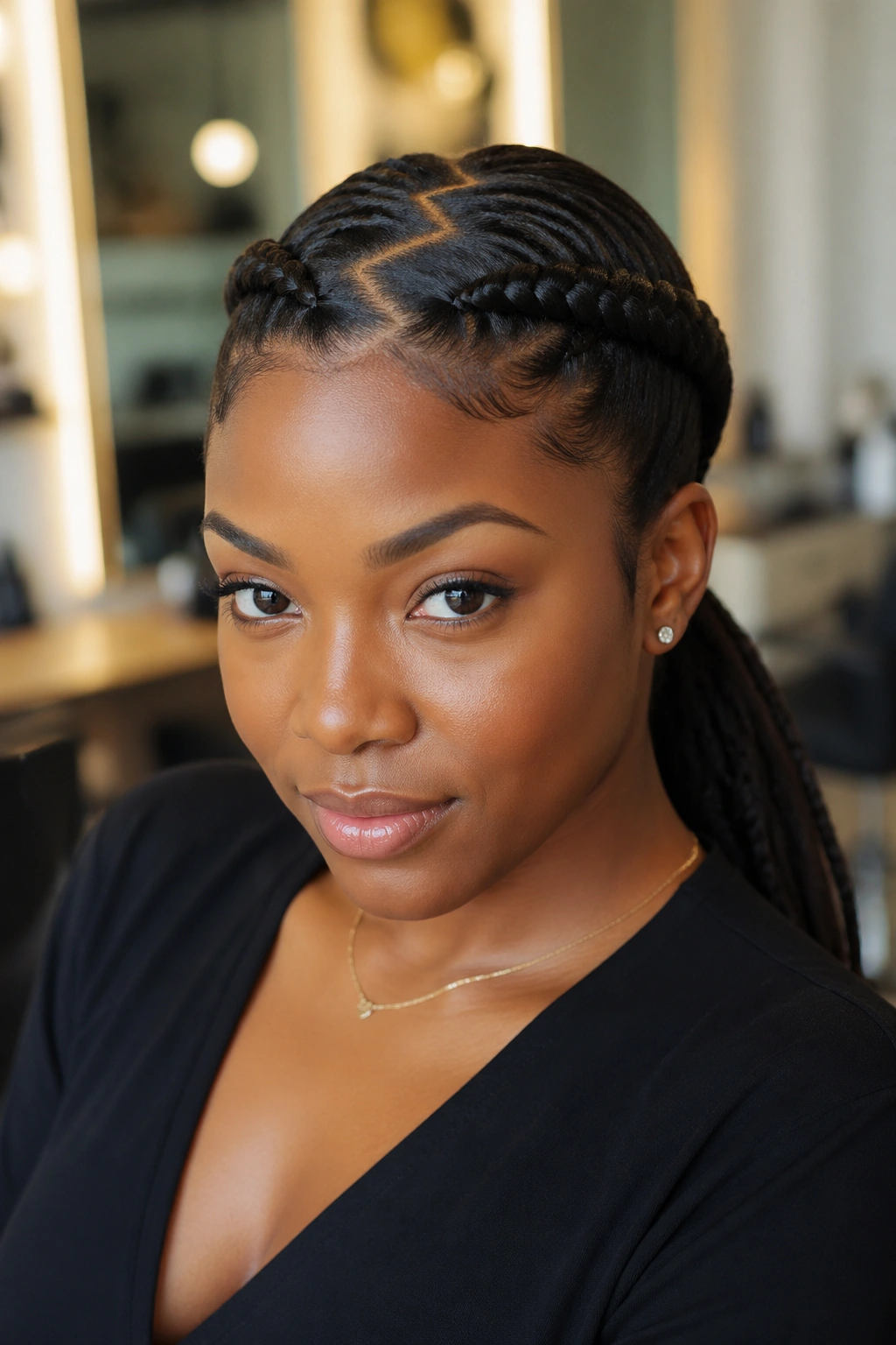 Portrait of a real woman with zigzag crown part and two braids to a ponytail