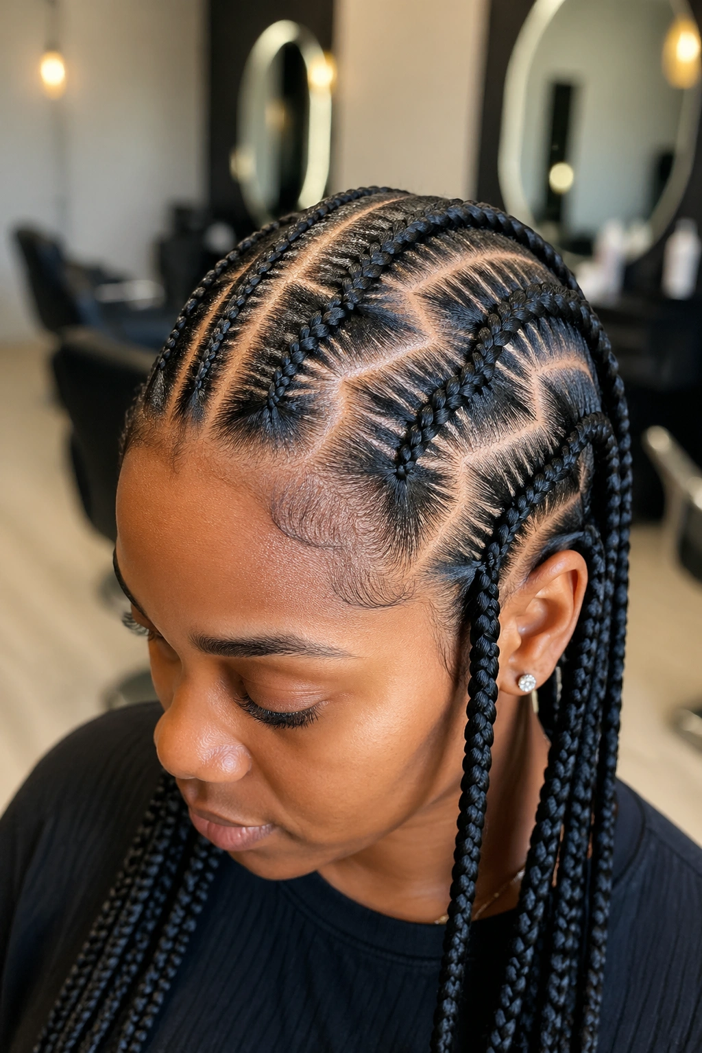 Close-up of a real person with zig-zag partings and straight braids