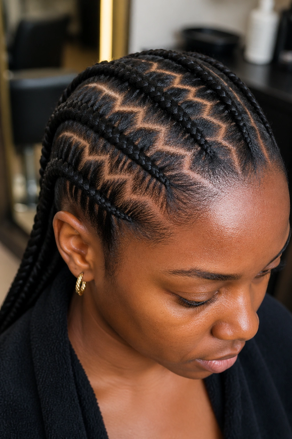 Close-up showing zig-zag parting lines and straight-back braids on a real person