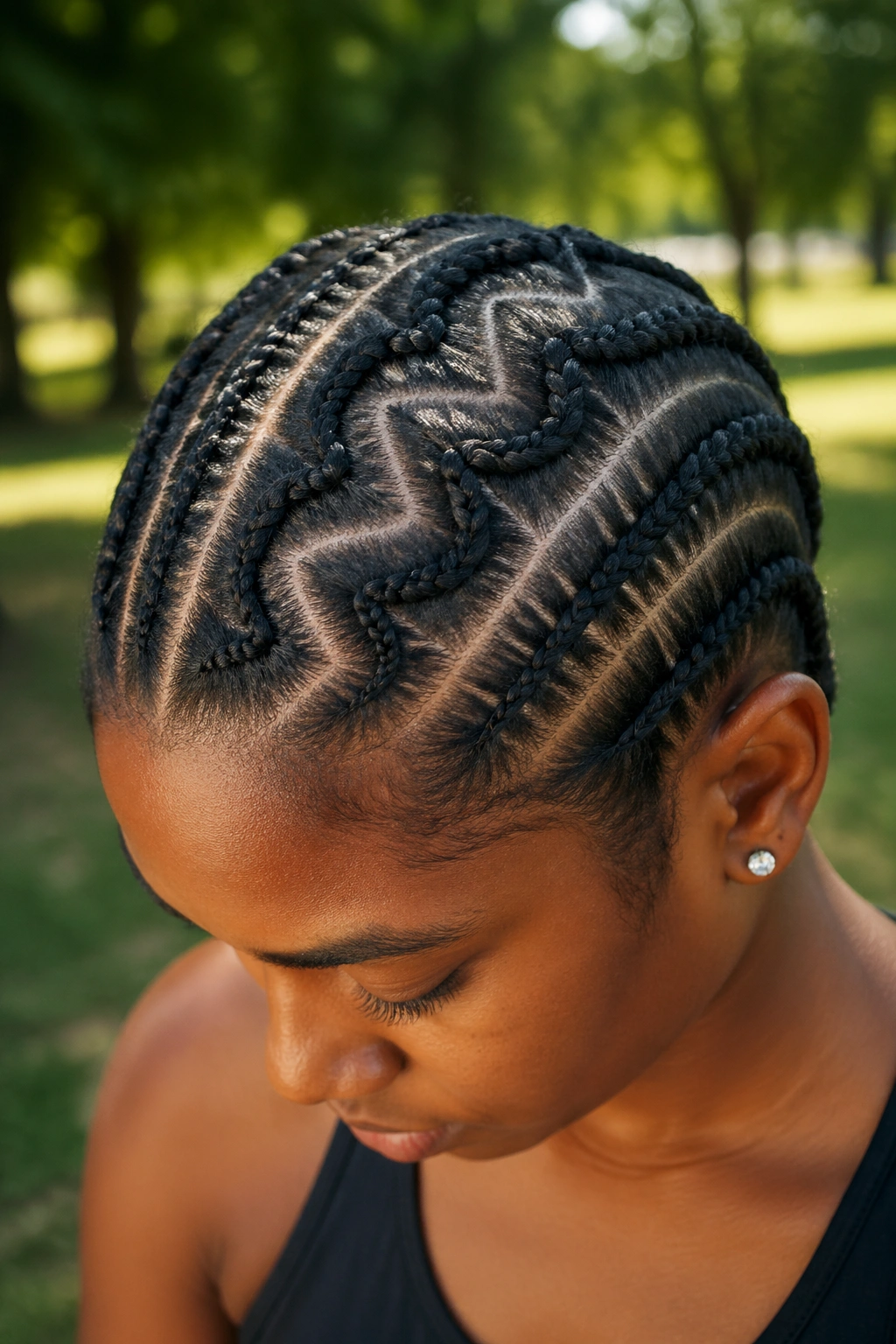Close-up of zigzag part cornrows on natural hair of a real person